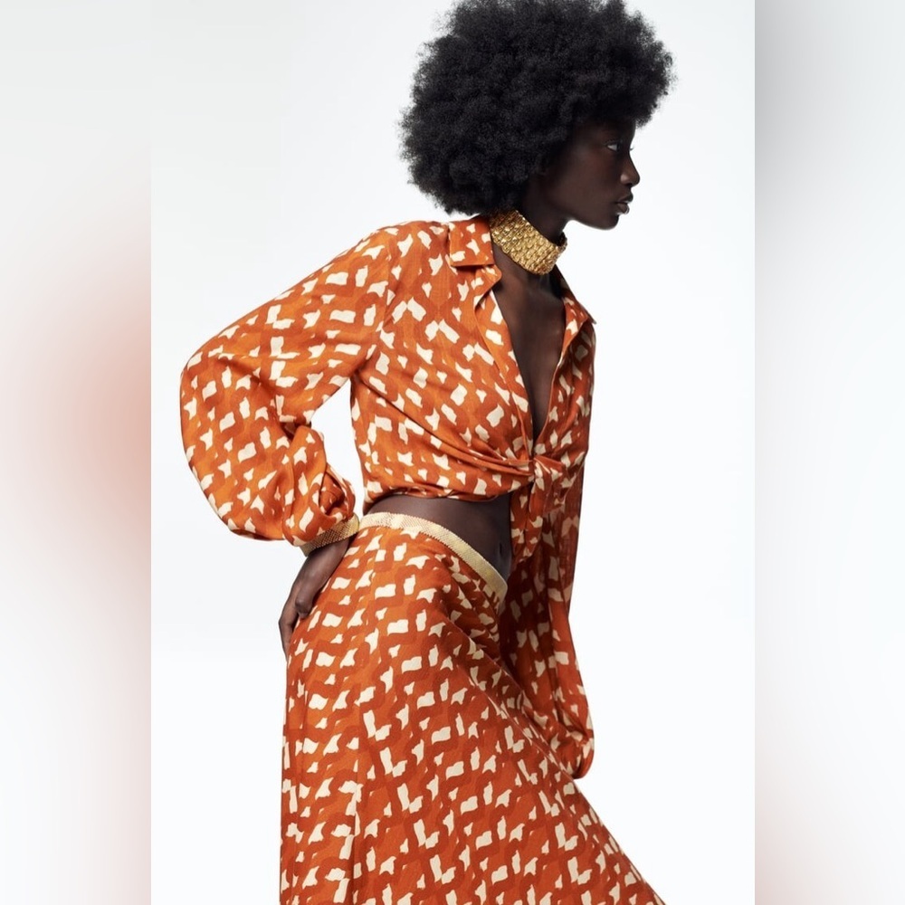 Zara Small Terracotta Print Linen Blend Twist Front Crop Top NWT Beaded Cuffs - Picture 7 of 16